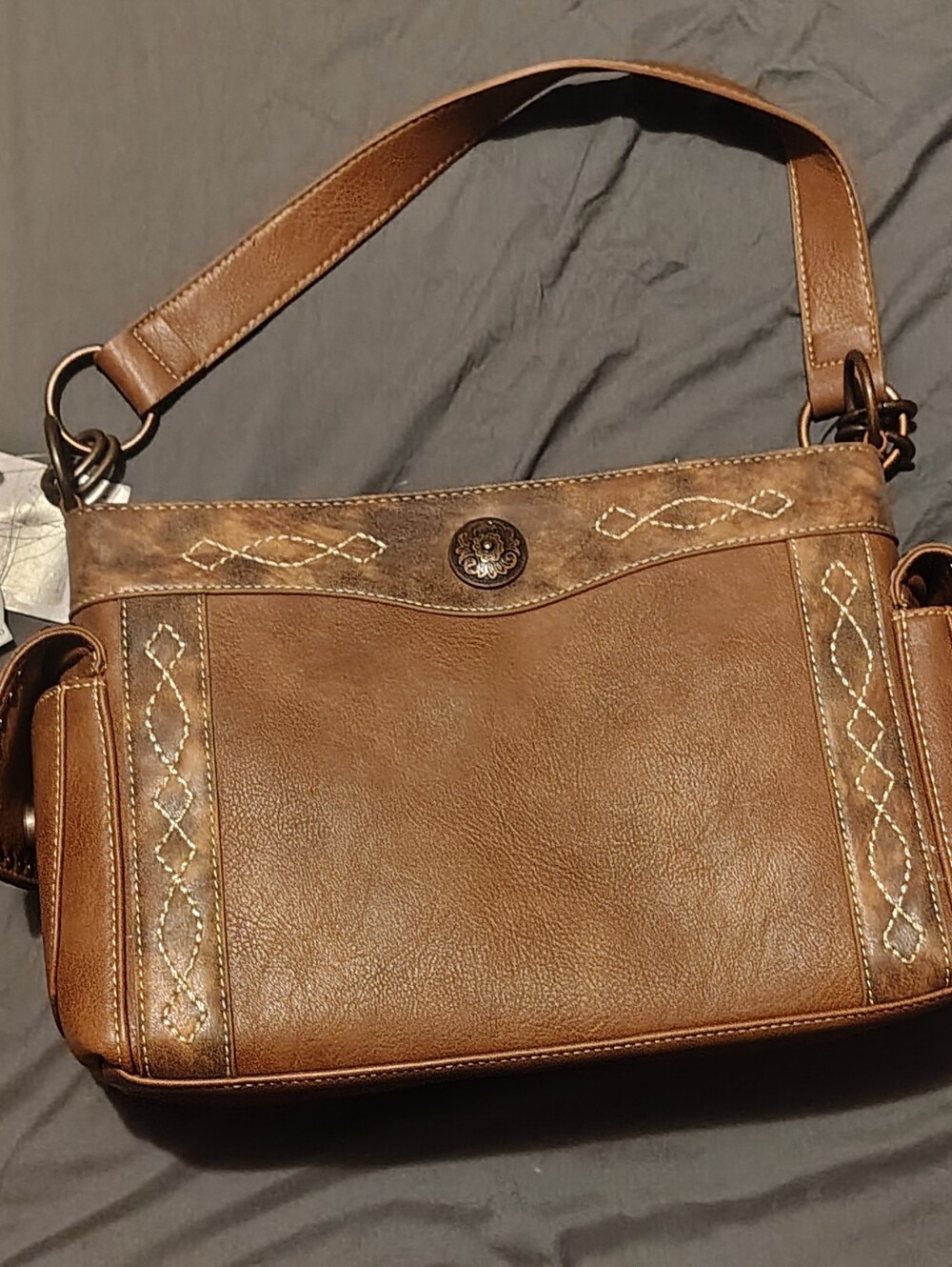 Handbag With Concealed Weapons Pocket Brown Embroidered Leather Shoulder Bag
